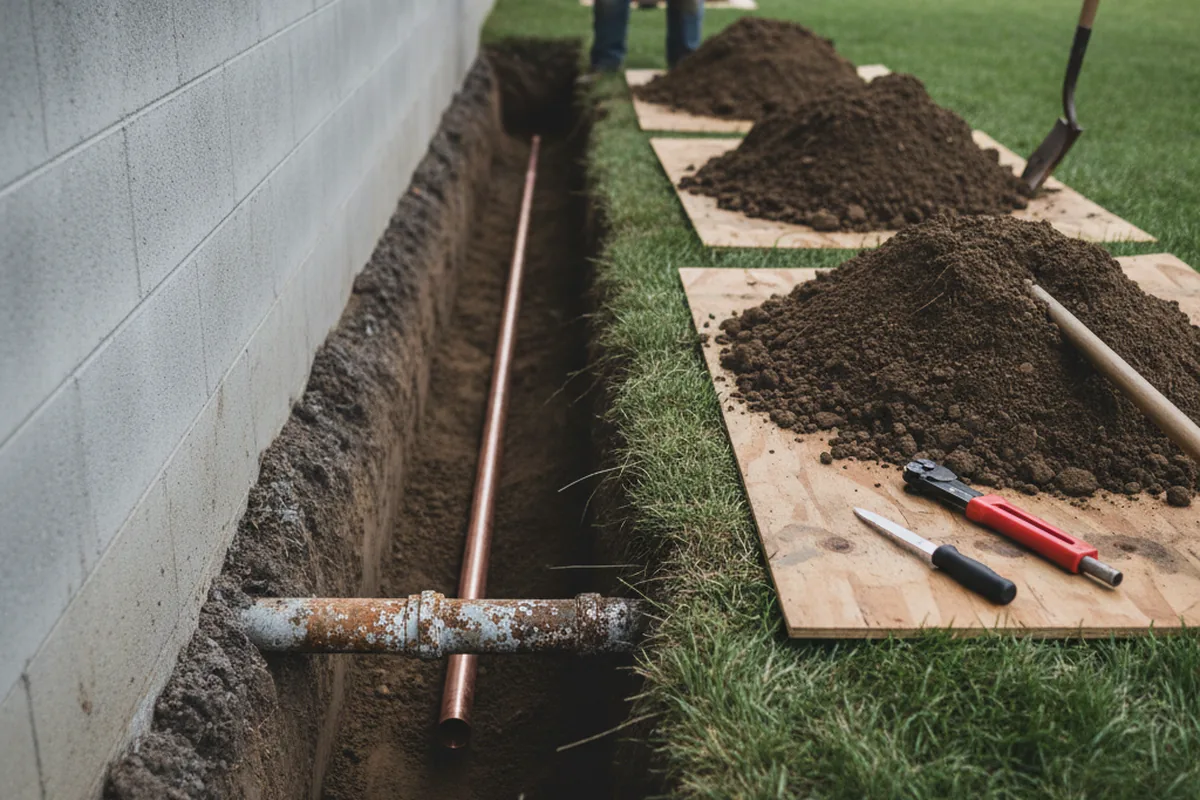 Excavated water line trench during Sewer Line Repair in Alpine